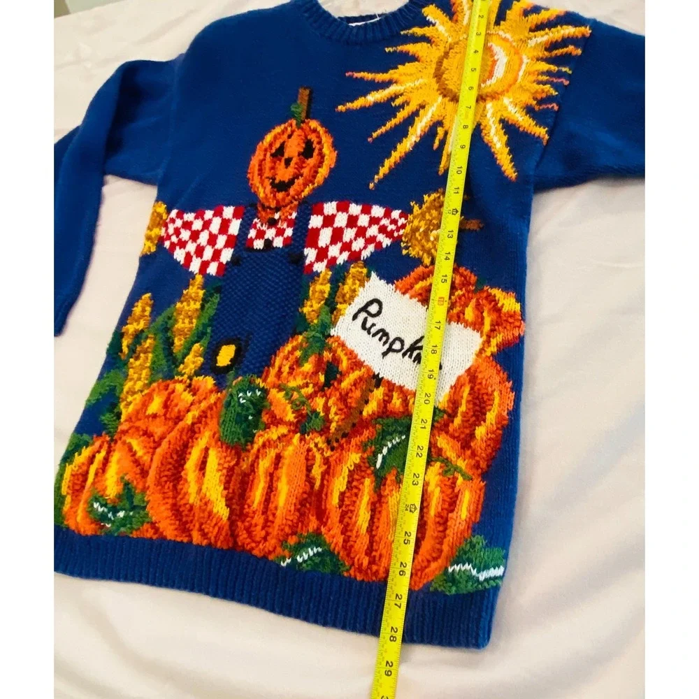 Vintage Marisa Christina Sweater Small Overalls Pumpkins Hand Knit Scarecrow Sun - Picture 6 of 8